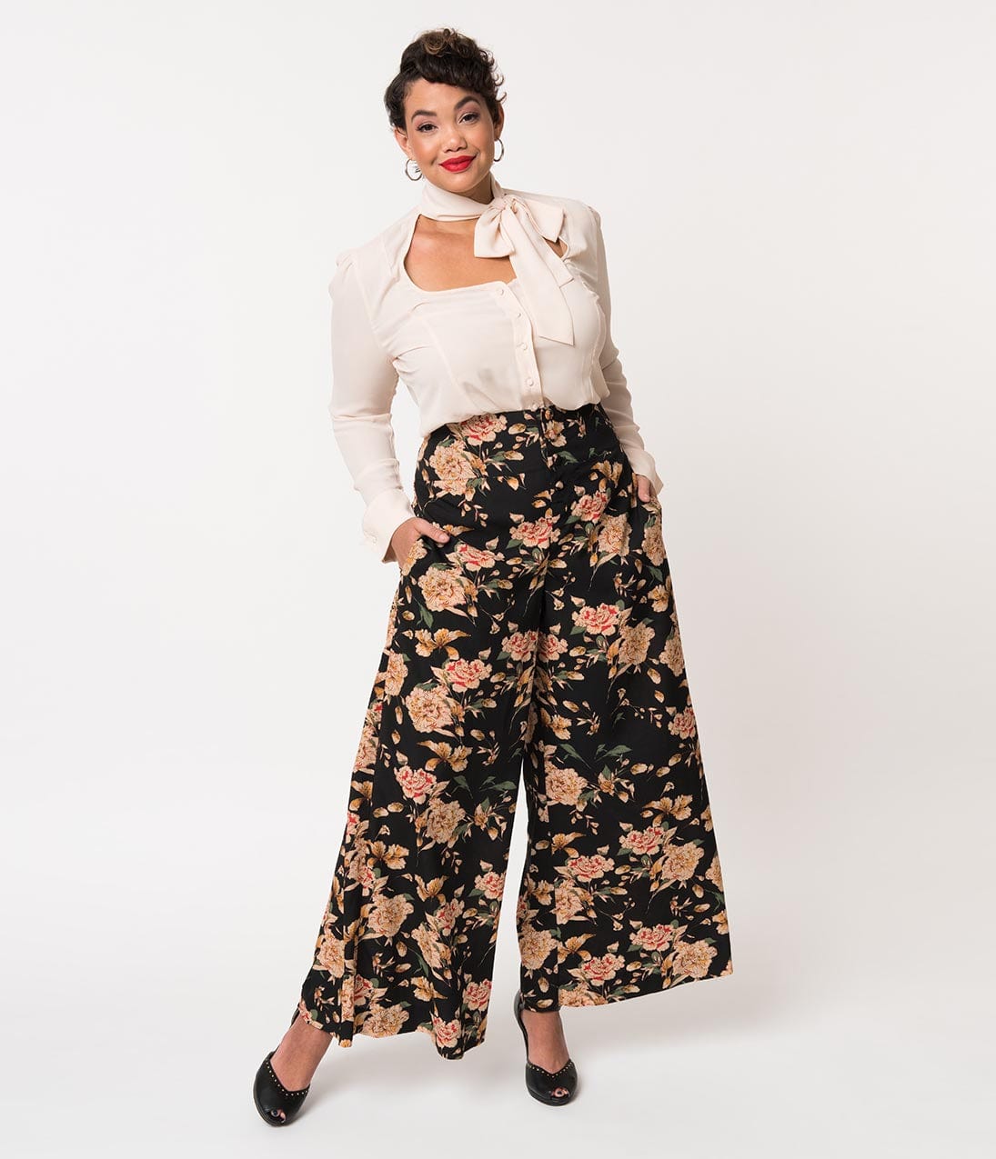 Unique Vintage Plus Size 1940s Style Black & Cream Floral High Waist Rosie Wide Leg Pants
