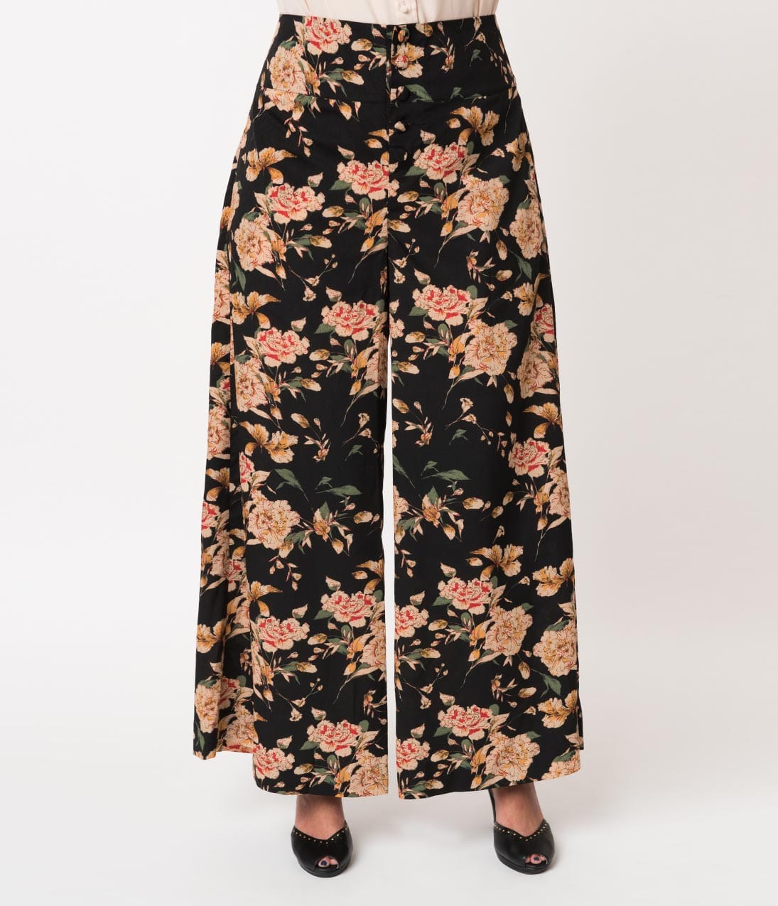 Unique Vintage Plus Size 1940s Style Black & Cream Floral High Waist Rosie Wide Leg Pants