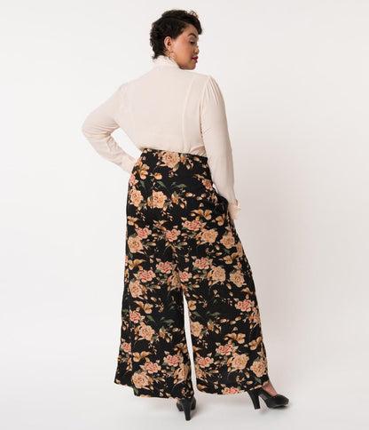 Unique Vintage Plus Size 1940s Style Black & Cream Floral High Waist Rosie Wide Leg Pants