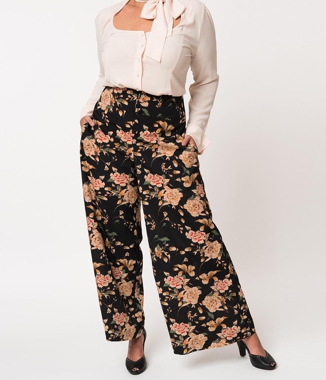 Unique Vintage Plus Size 1940s Style Black & Cream Floral High Waist Rosie Wide Leg Pants
