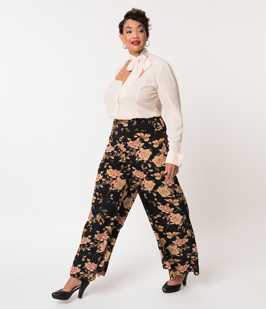 Unique Vintage Plus Size 1940s Style Black & Cream Floral High Waist Rosie Wide Leg Pants