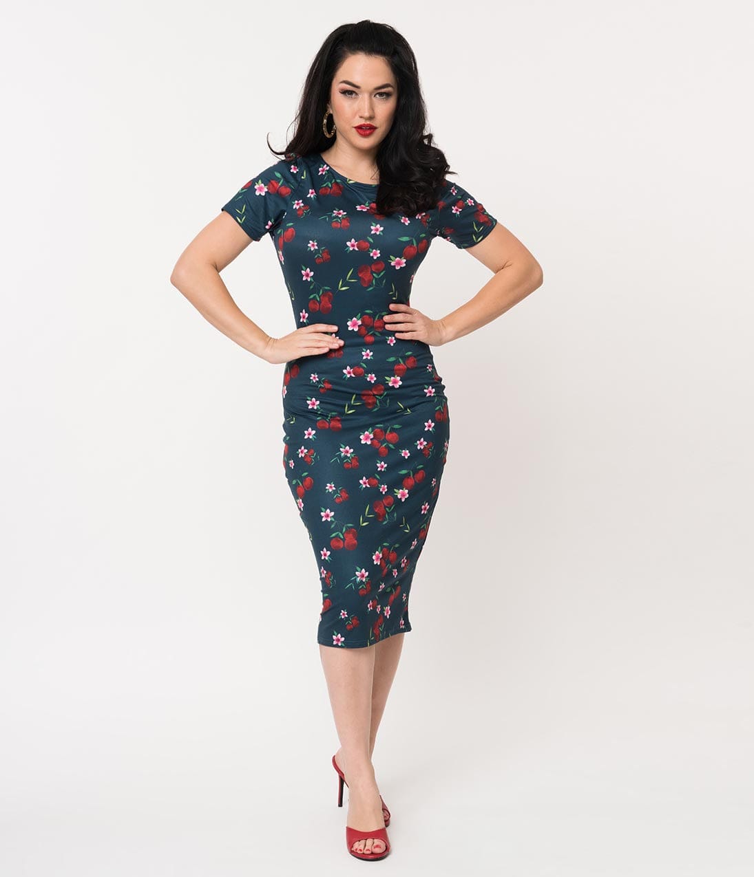 Unique Vintage 1960s Style Navy & Cherry Floral Knit Presley Wiggle Dress