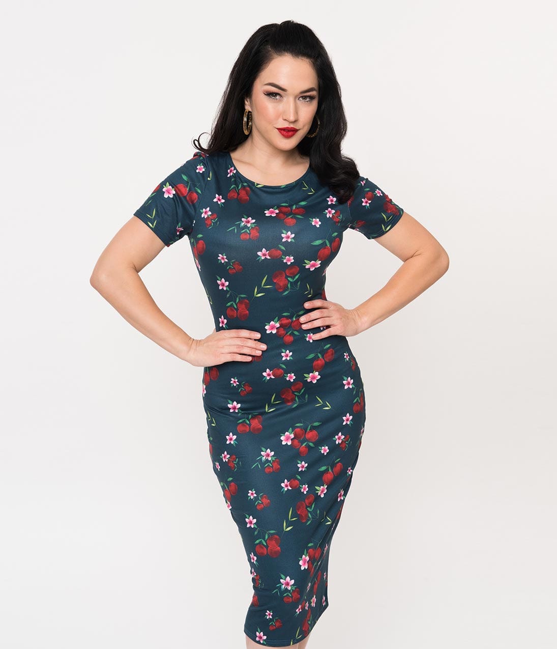 Unique Vintage 1960s Style Navy & Cherry Floral Knit Presley Wiggle Dress