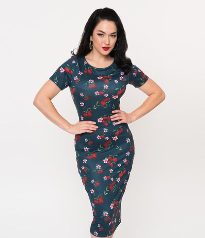 Unique Vintage 1960s Style Navy & Cherry Floral Knit Presley Wiggle Dress
