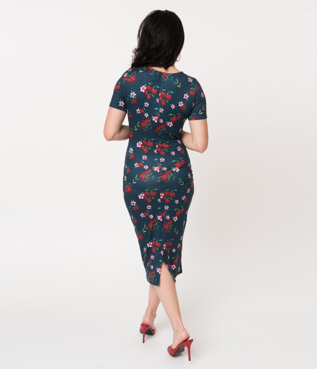 Unique Vintage 1960s Style Navy & Cherry Floral Knit Presley Wiggle Dress