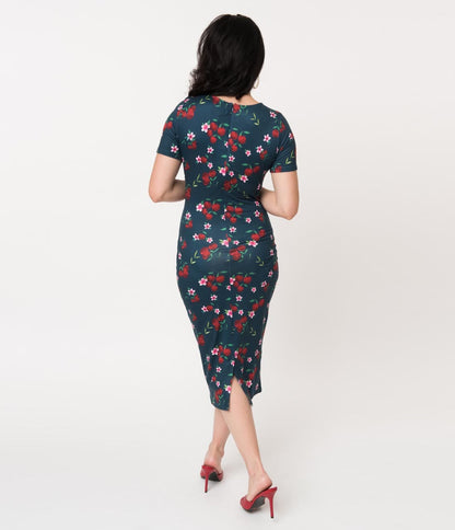 Unique Vintage 1960s Style Navy & Cherry Floral Knit Presley Wiggle Dress