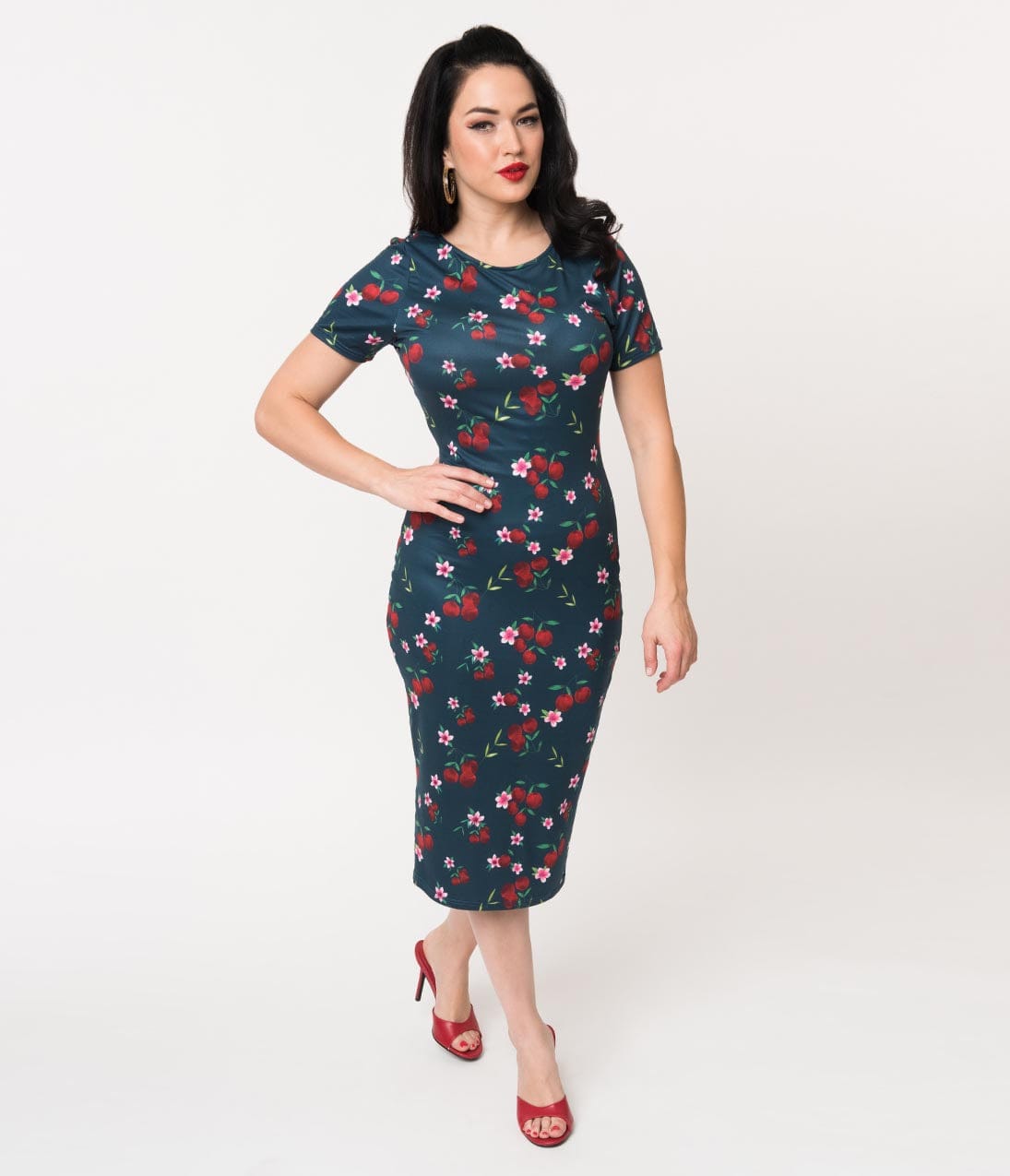 Unique Vintage 1960s Style Navy & Cherry Floral Knit Presley Wiggle Dress
