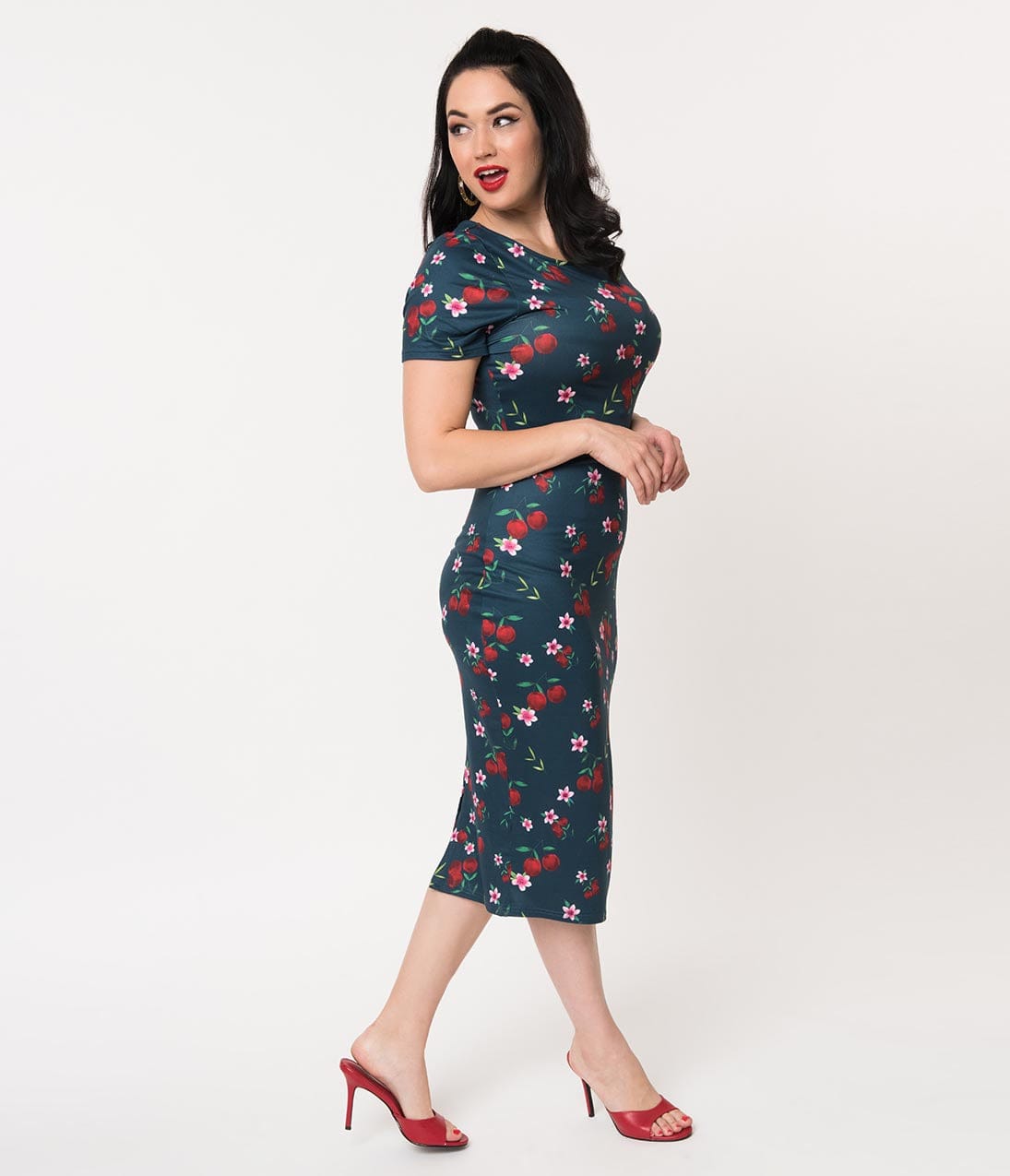Unique Vintage 1960s Style Navy & Cherry Floral Knit Presley Wiggle Dress