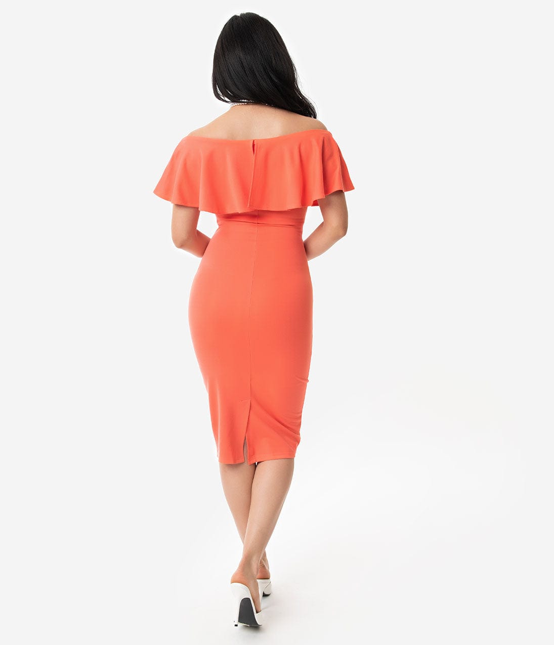 Unique Vintage + Pantone Living Coral Knit Ruffle Sophia Wiggle Dress