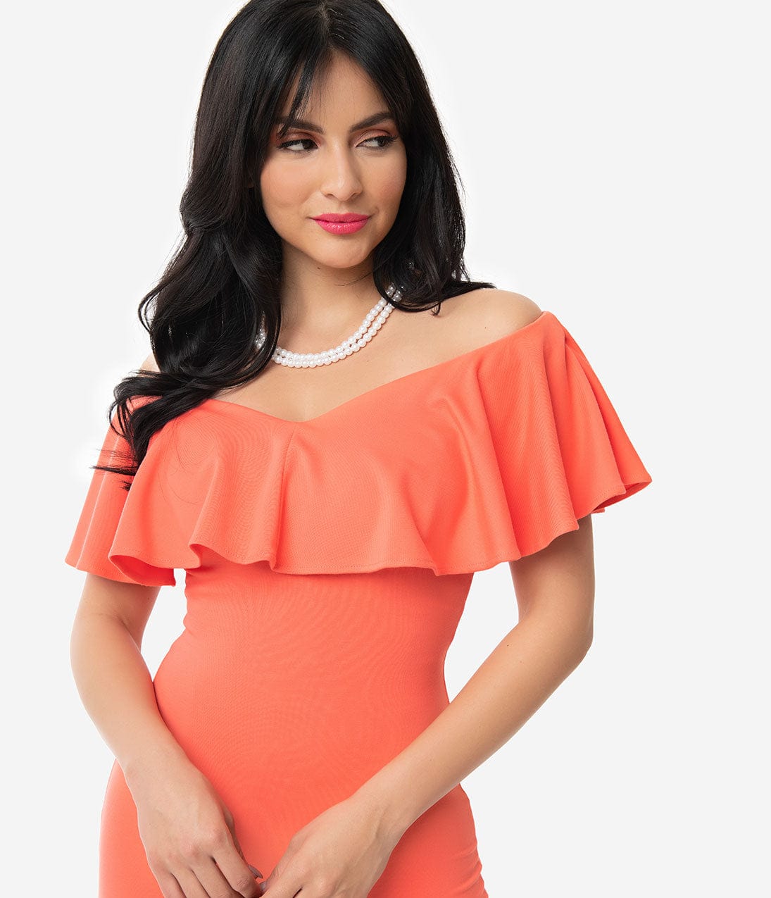 Unique Vintage + Pantone Living Coral Knit Ruffle Sophia Wiggle Dress