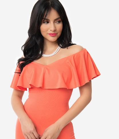 Unique Vintage + Pantone Living Coral Knit Ruffle Sophia Wiggle Dress