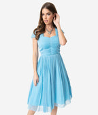Unique Vintage Light Blue Glitter Mesh Garden State Cocktail Dress