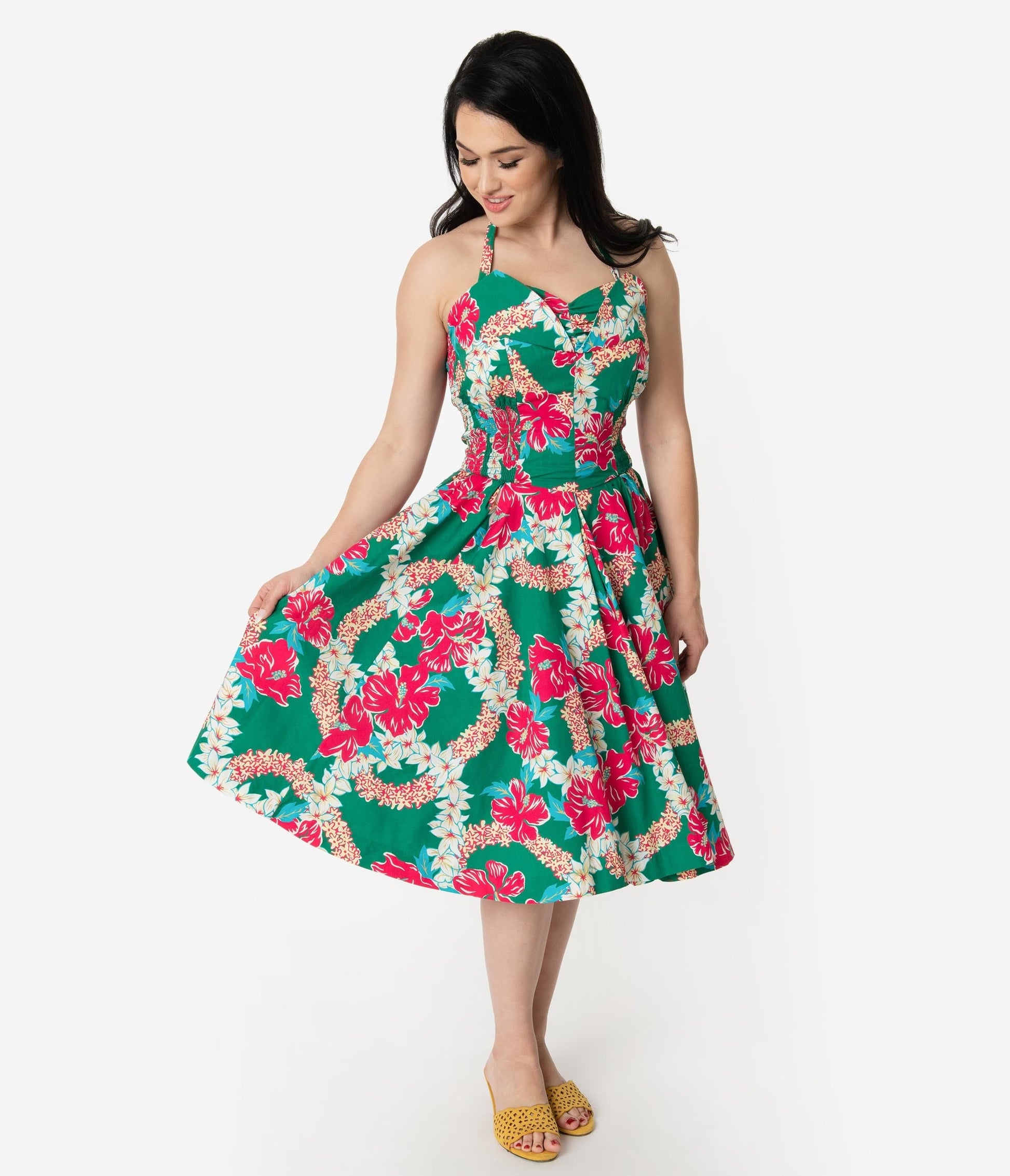 Alfred Shaheen Green & Pink Mala Pua Hibiscus Lei Print Hawaiian Swing Dress