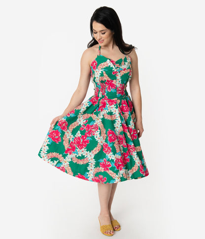 Alfred Shaheen Green & Pink Mala Pua Hibiscus Lei Print Hawaiian Swing Dress
