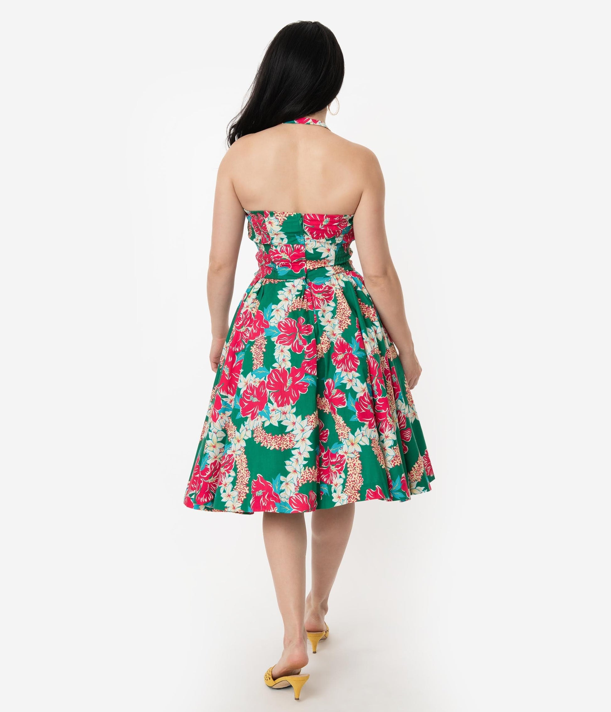 Alfred Shaheen Green & Pink Mala Pua Hibiscus Lei Print Hawaiian Swing Dress
