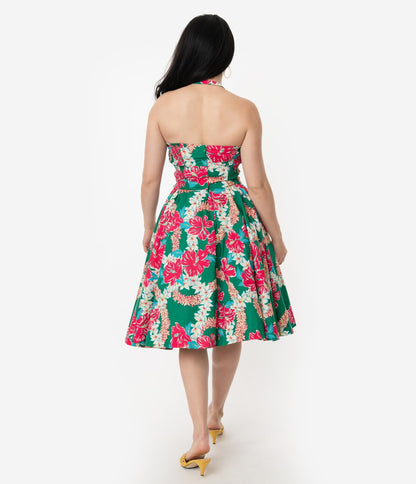 Alfred Shaheen Green & Pink Mala Pua Hibiscus Lei Print Hawaiian Swing Dress