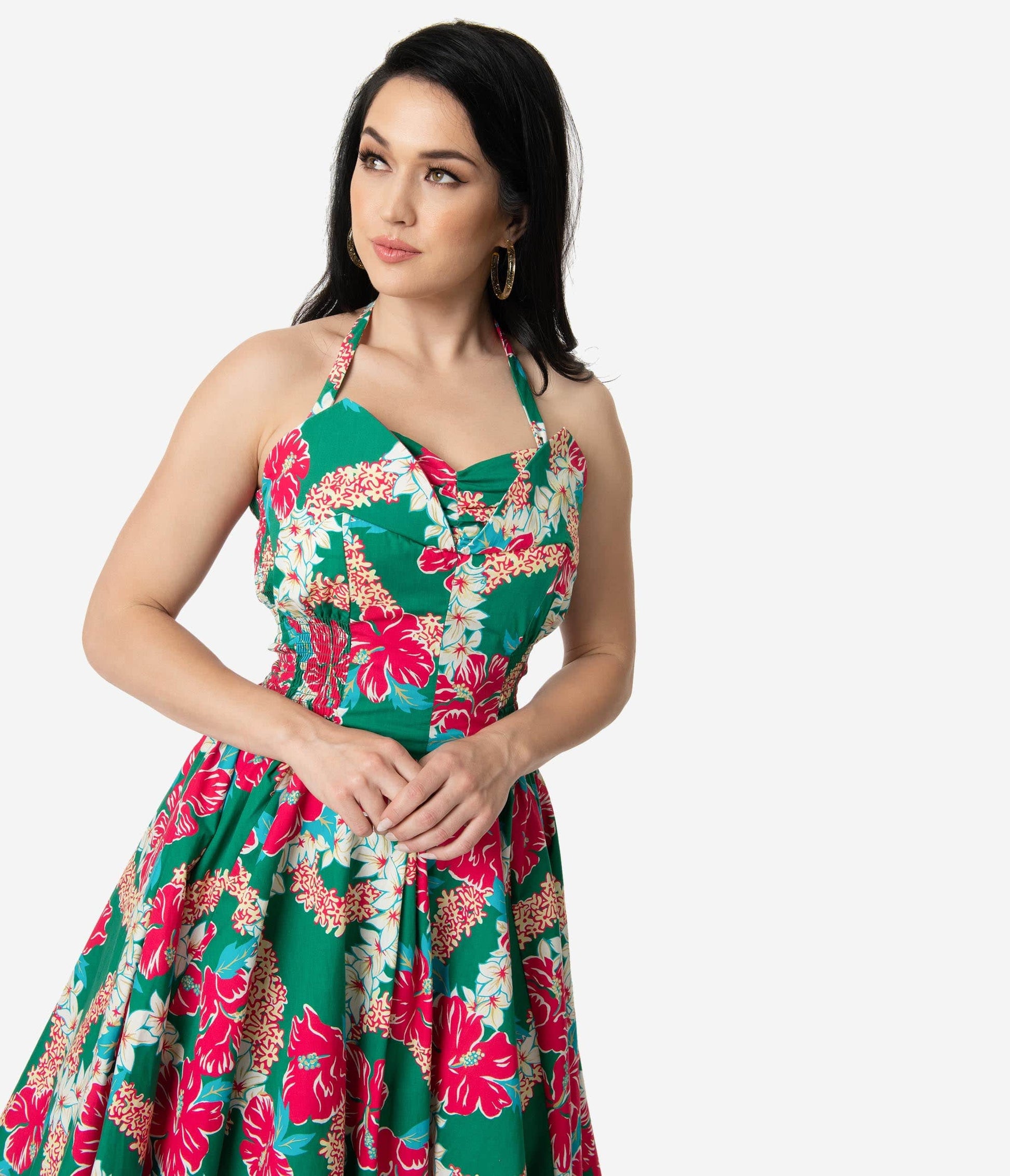 Alfred Shaheen Green & Pink Mala Pua Hibiscus Lei Print Hawaiian Swing Dress