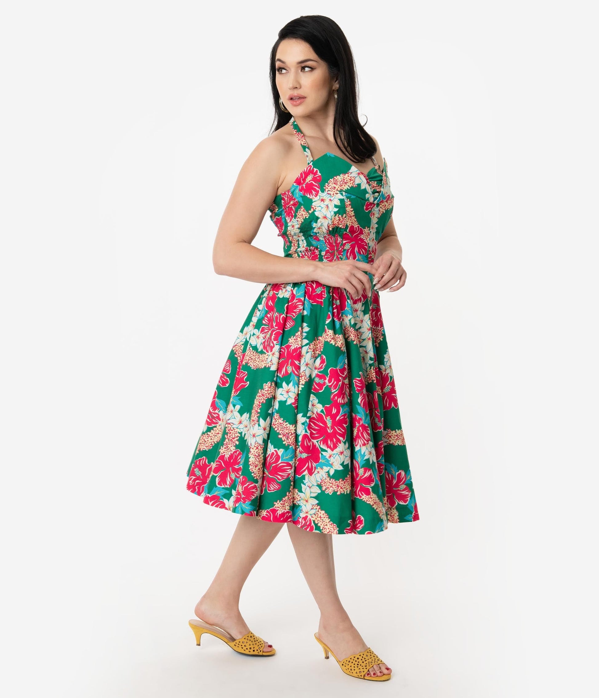 Alfred Shaheen Green & Pink Mala Pua Hibiscus Lei Print Hawaiian Swing Dress