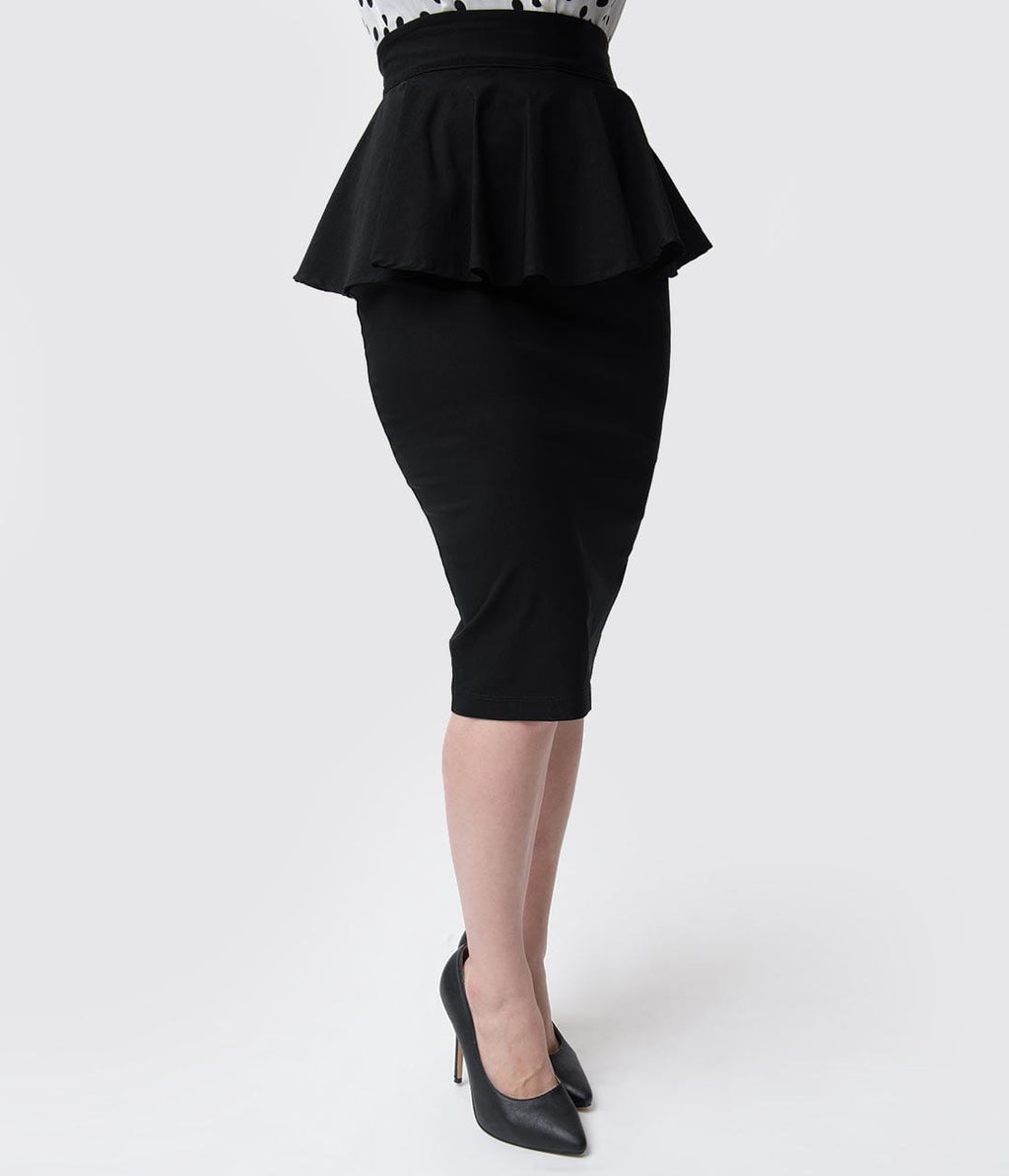 Unique Vintage 1940s Black Stretch Peplum Boulevard Pencil Skirt