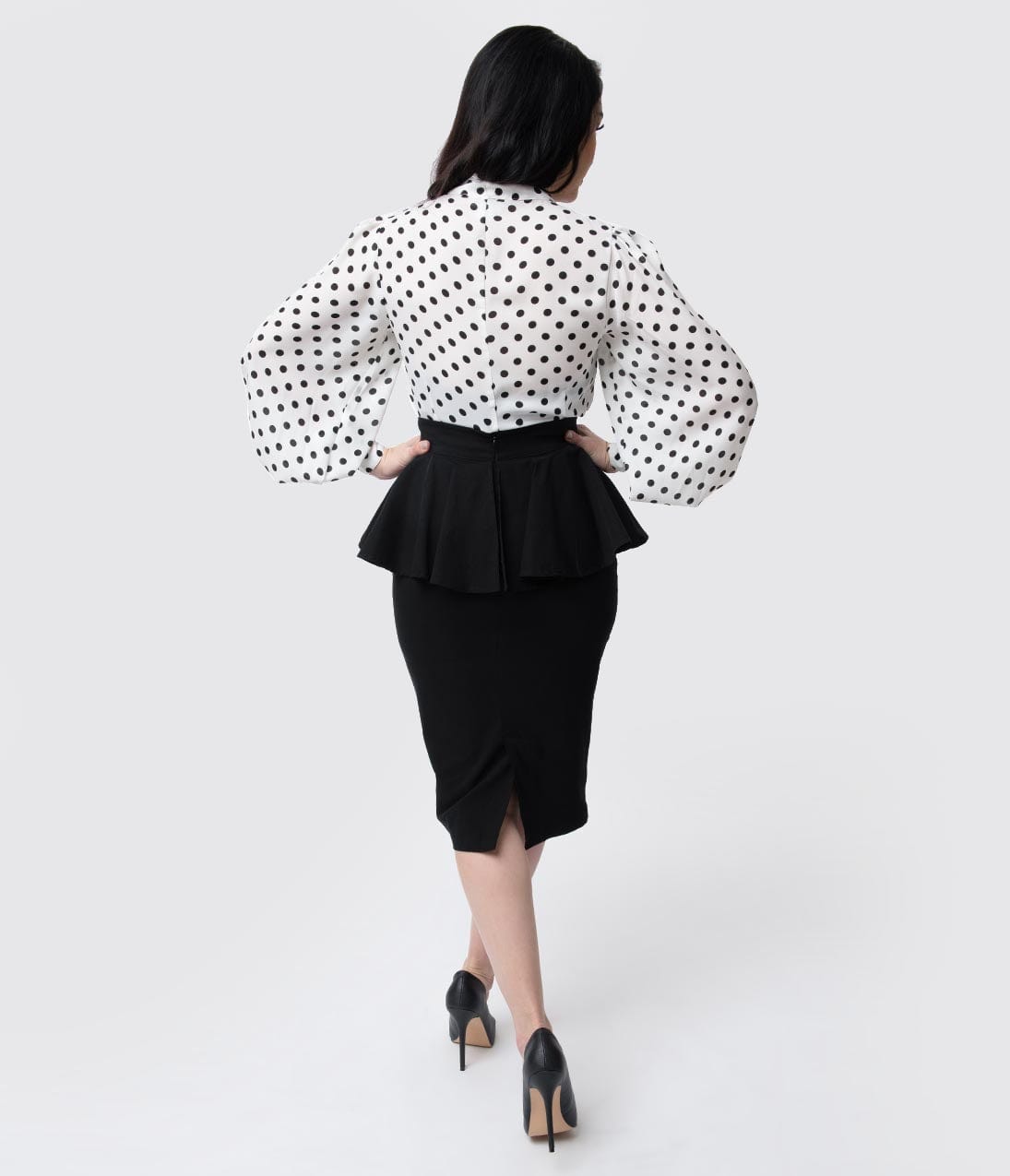 Unique Vintage 1940s Black Stretch Peplum Boulevard Pencil Skirt