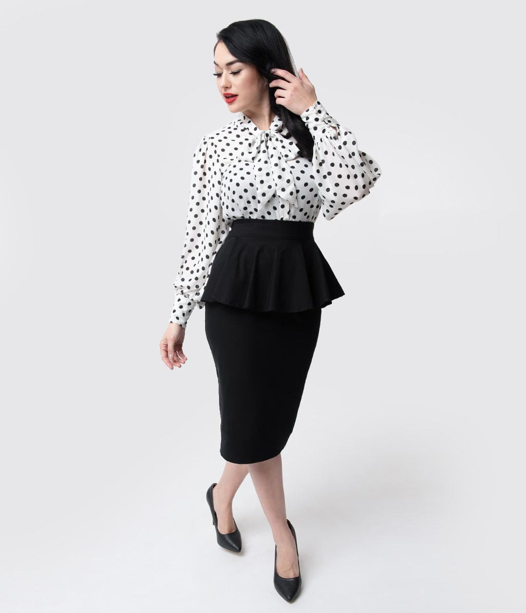 Unique Vintage 1940s Black Stretch Peplum Boulevard Pencil Skirt