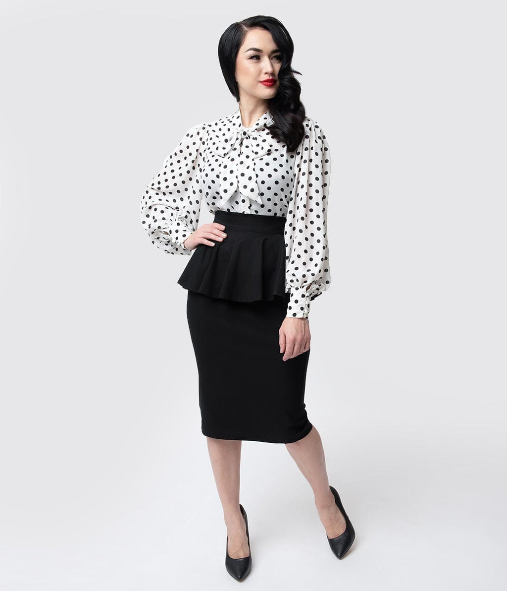 Unique Vintage 1940s Black Stretch Peplum Boulevard Pencil Skirt