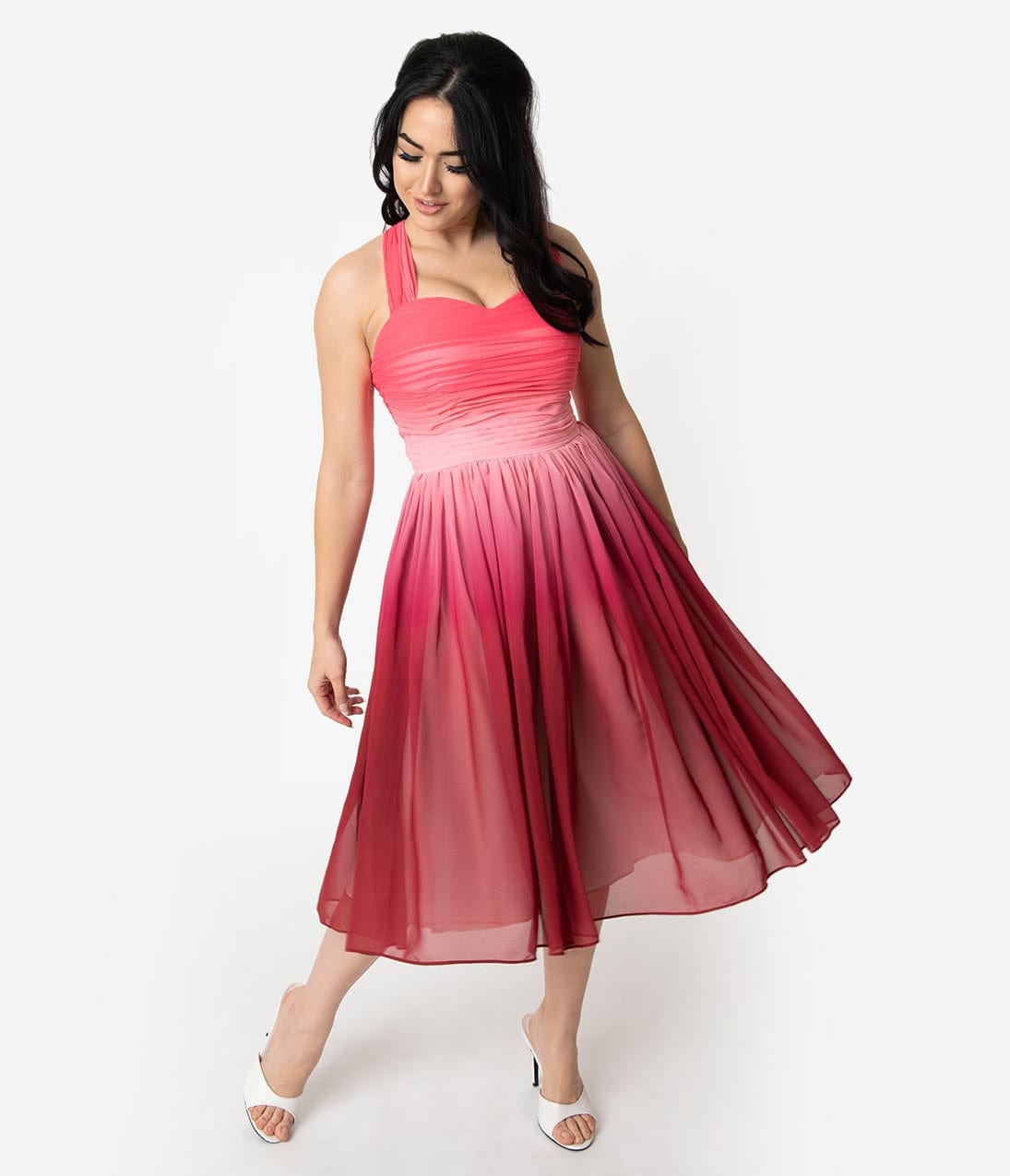 Unique Vintage Pink Ombre Garden State Chiffon Cocktail Dress