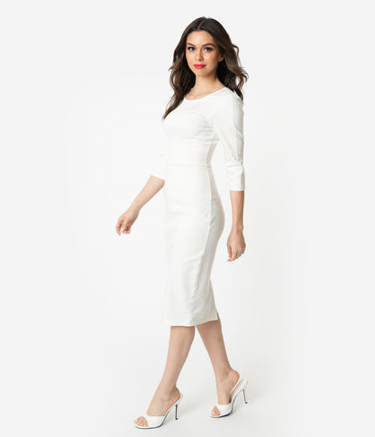 Unique Vintage 1960s Ivory Long Sleeve Stretch Mod Wiggle Dress