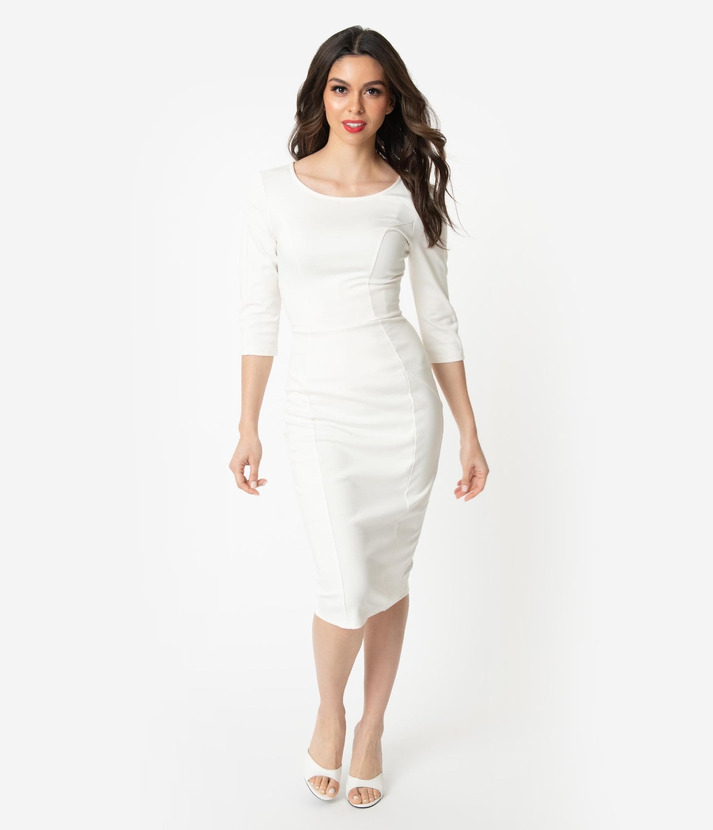Unique Vintage 1960s Ivory Long Sleeve Stretch Mod Wiggle Dress