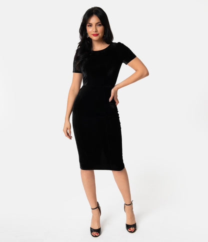 Unique Vintage 1960s Black Velvet Short Sleeve Stretch Mod Wiggle Dress