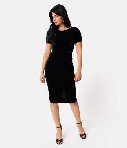 Unique Vintage 1960s Black Velvet Short Sleeve Stretch Mod Wiggle Dress