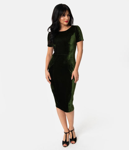 Unique Vintage Olive Green Velvet Mod Wiggle Dress
