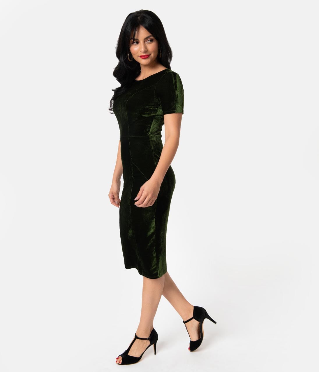 Unique Vintage Olive Green Velvet Mod Wiggle Dress