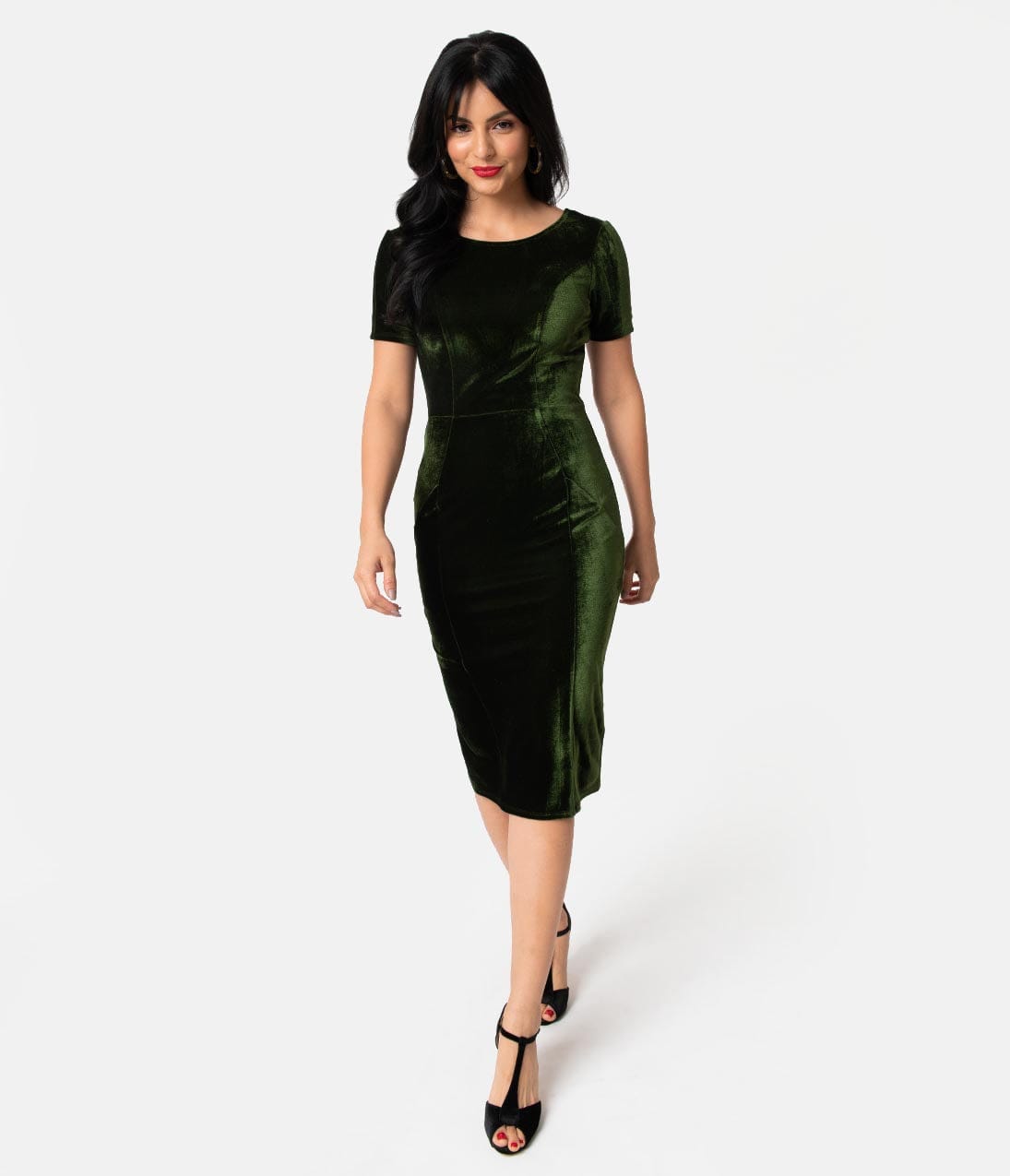 Unique Vintage Olive Green Velvet Mod Wiggle Dress