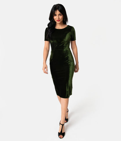 Unique Vintage Olive Green Velvet Mod Wiggle Dress