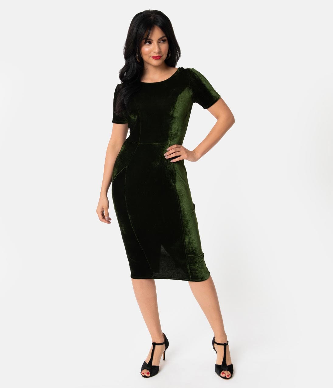 Unique Vintage Olive Green Velvet Mod Wiggle Dress