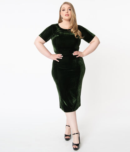 Unique Vintage Plus Size Olive Green Velvet Mod Wiggle Dress