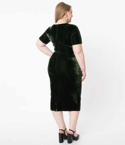 Unique Vintage Plus Size Olive Green Velvet Mod Wiggle Dress