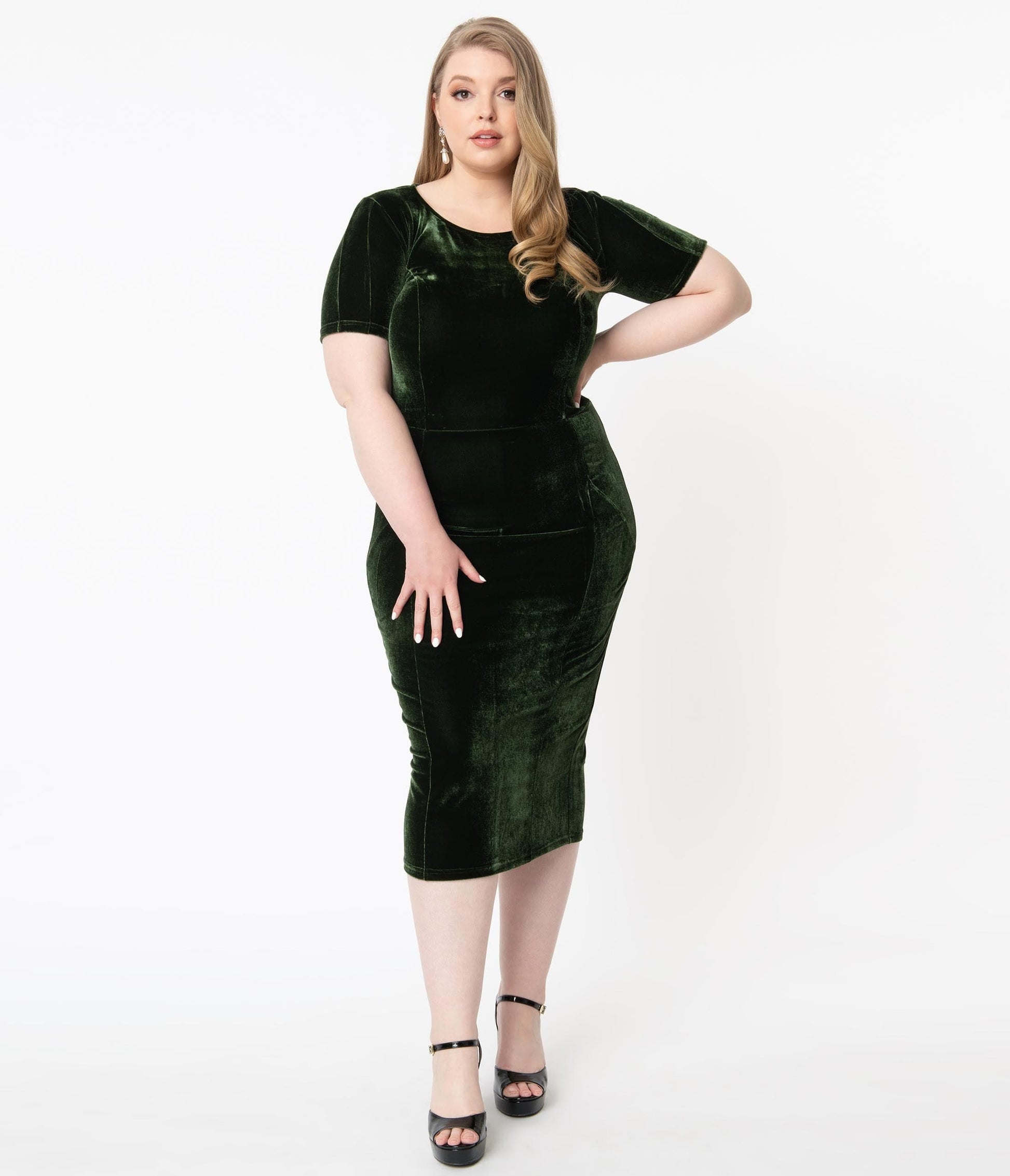 Unique Vintage Plus Size Olive Green Velvet Mod Wiggle Dress