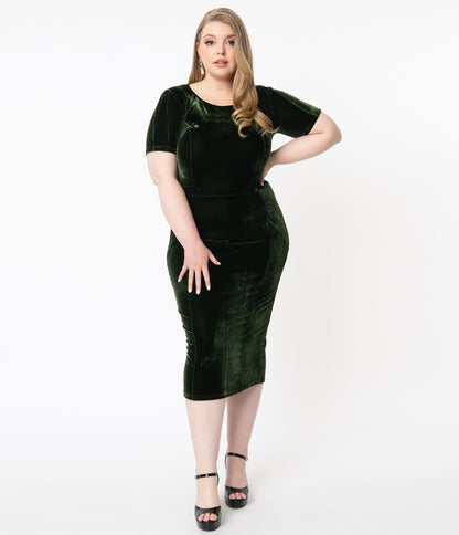 Unique Vintage Plus Size Olive Green Velvet Mod Wiggle Dress