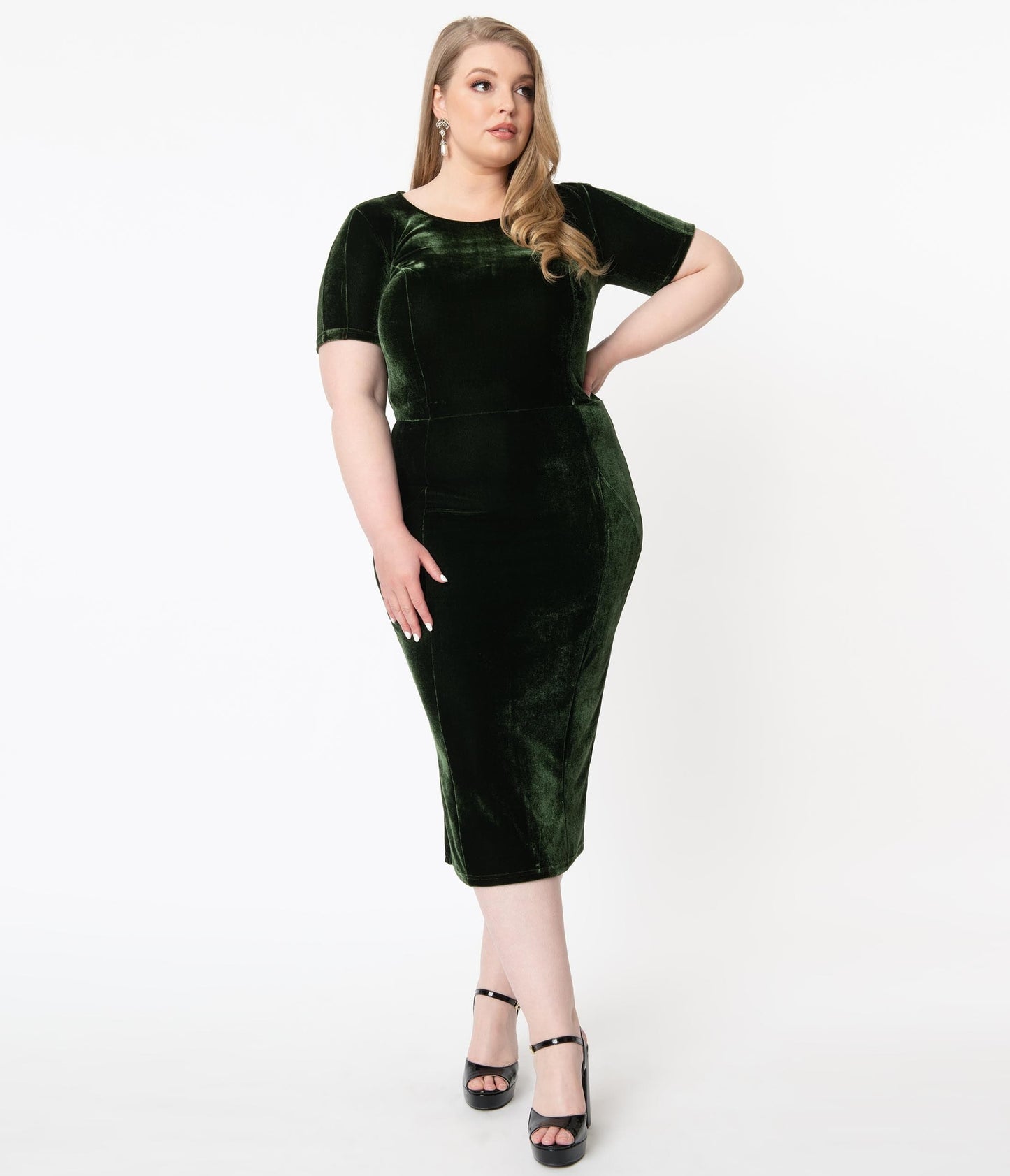 Unique Vintage Plus Size Olive Green Velvet Mod Wiggle Dress
