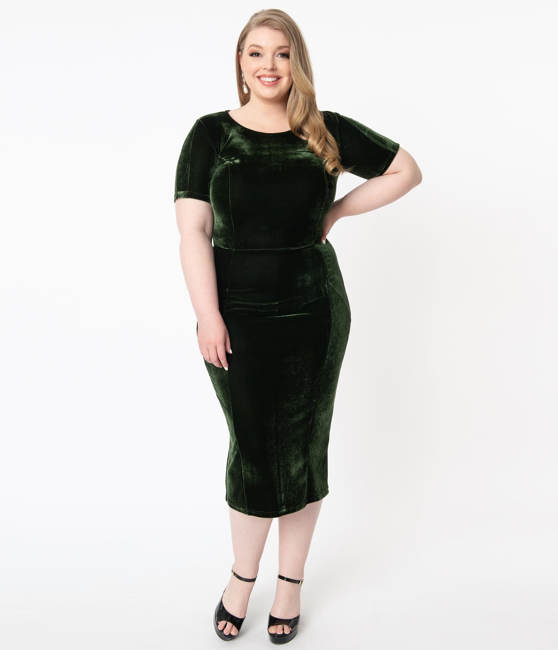 Unique Vintage Plus Size Olive Green Velvet Mod Wiggle Dress