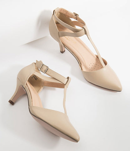 Beige Leatherette Pointed Toe Ellie T-Strap Heels