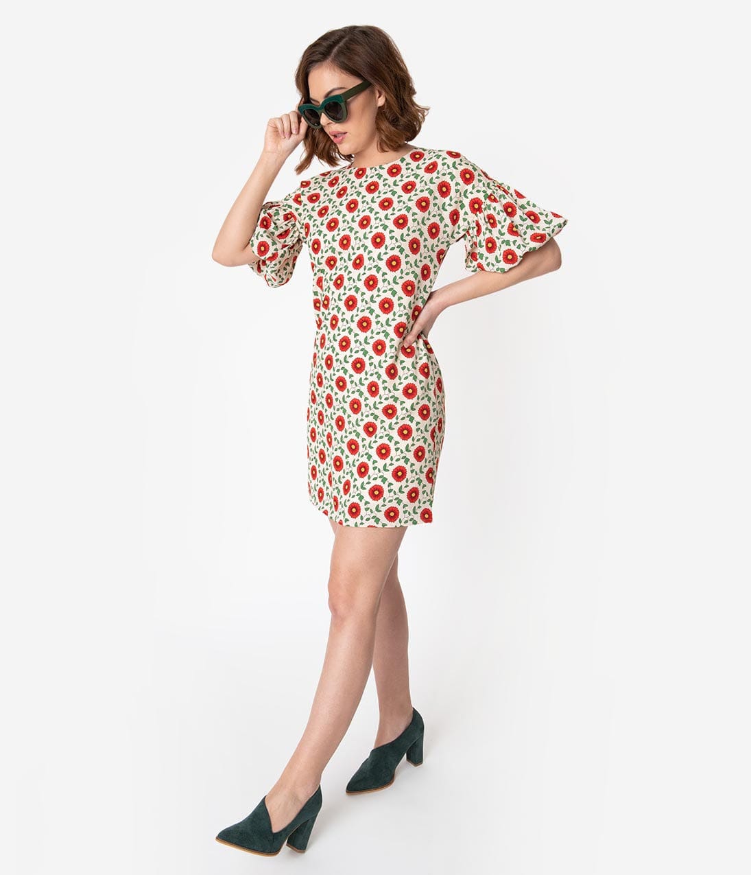 Cream & Red Poppy Floral Print Puff Sleeve Shift Dress
