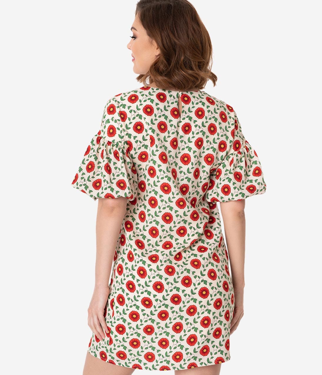 Cream & Red Poppy Floral Print Puff Sleeve Shift Dress