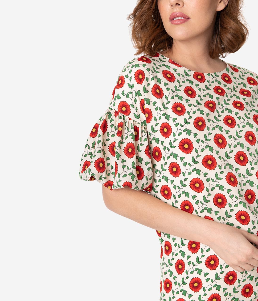 Cream & Red Poppy Floral Print Puff Sleeve Shift Dress