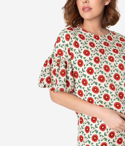 Cream & Red Poppy Floral Print Puff Sleeve Shift Dress