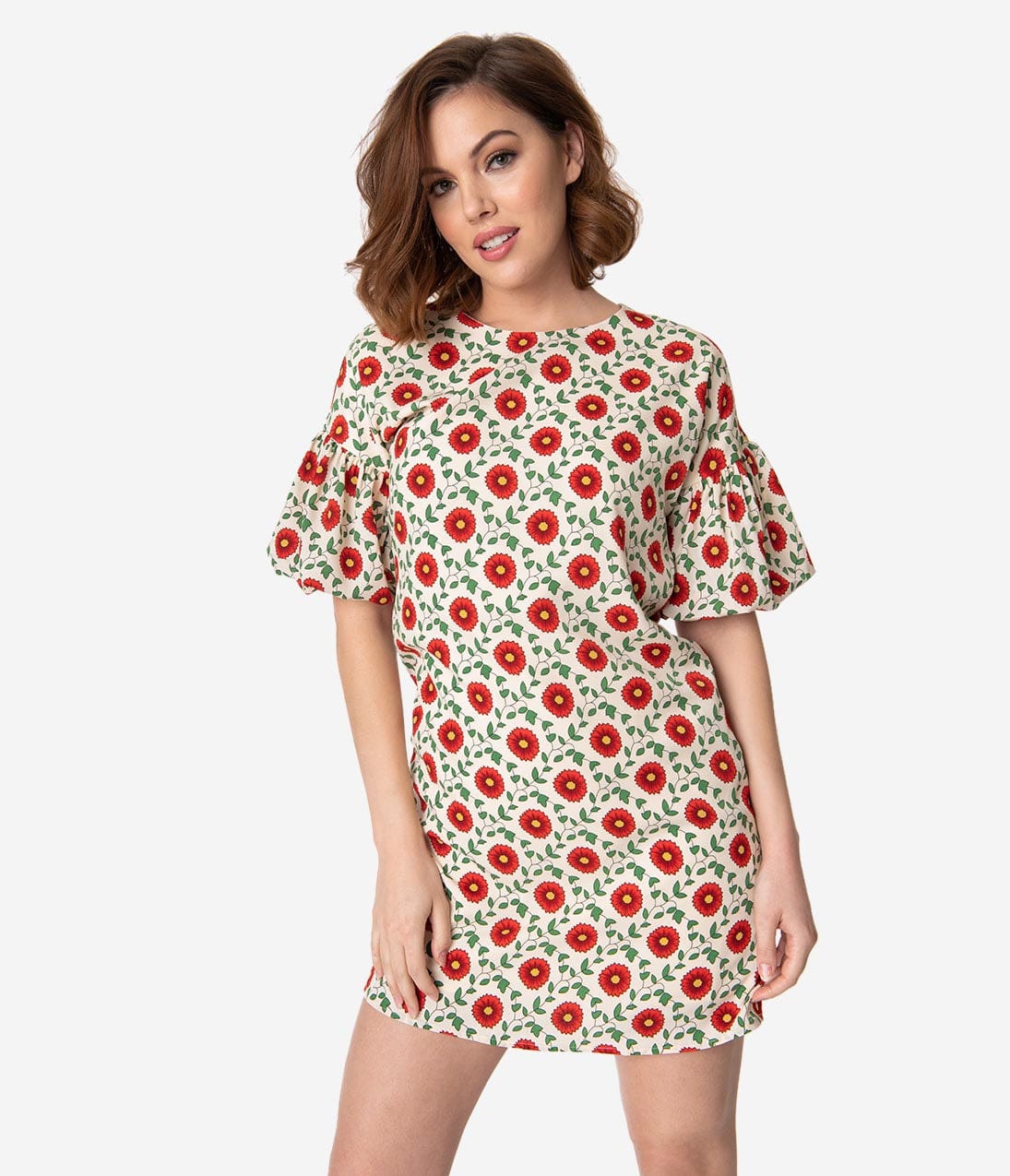 Cream & Red Poppy Floral Print Puff Sleeve Shift Dress