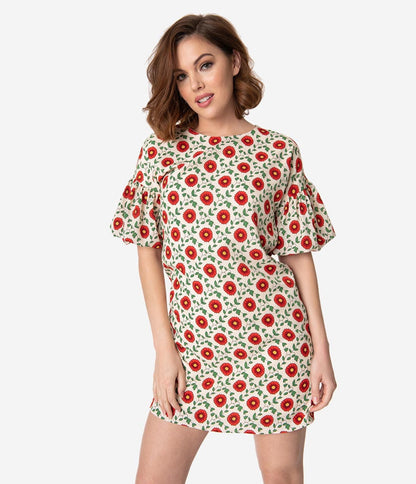 Cream & Red Poppy Floral Print Puff Sleeve Shift Dress