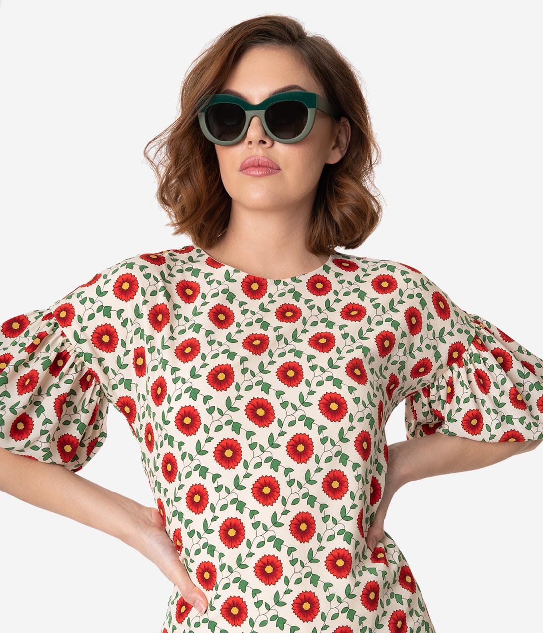 Cream & Red Poppy Floral Print Puff Sleeve Shift Dress